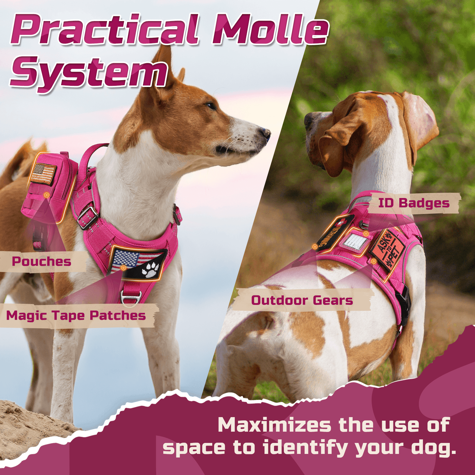 Colorful Escape Proof Tactical Dog Vest Harness - Rose Red 