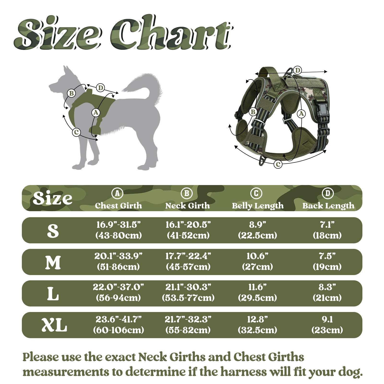 Camo Escape Proof Dog Harness Size Chart