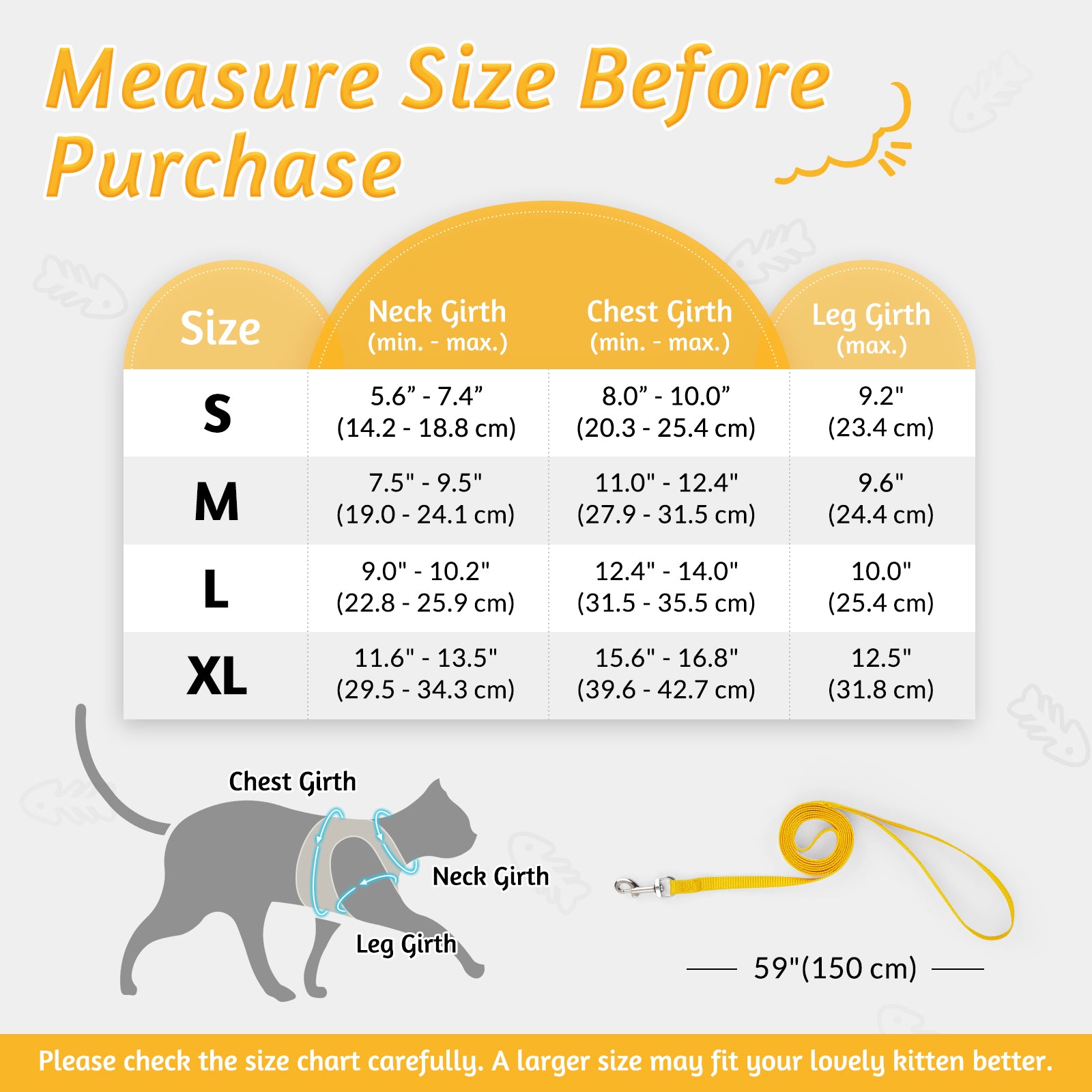 escape  proof cat harness and leash set size chart