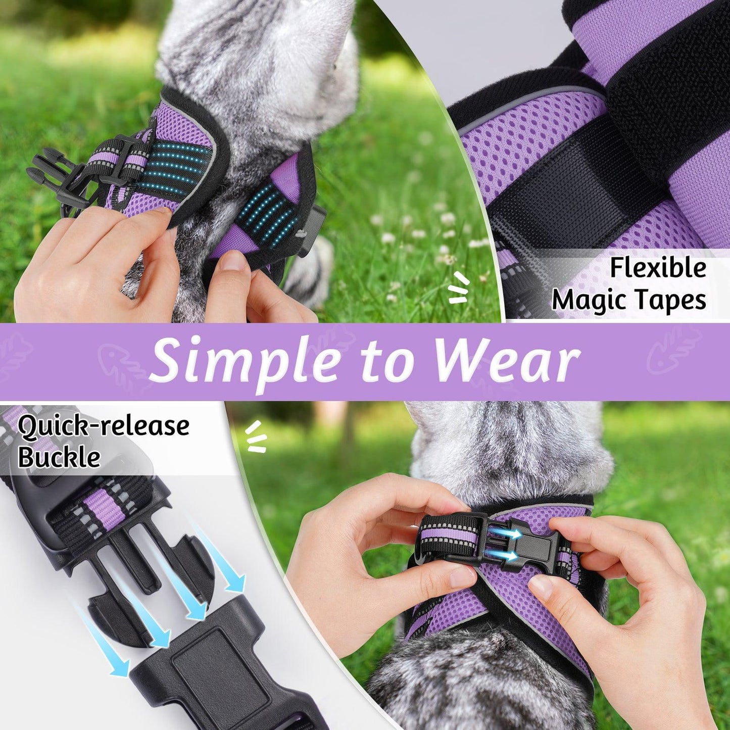 Rabbitgoo Escape Proof Cat Harness and Leash Set, with Reflective Strip - Light purple