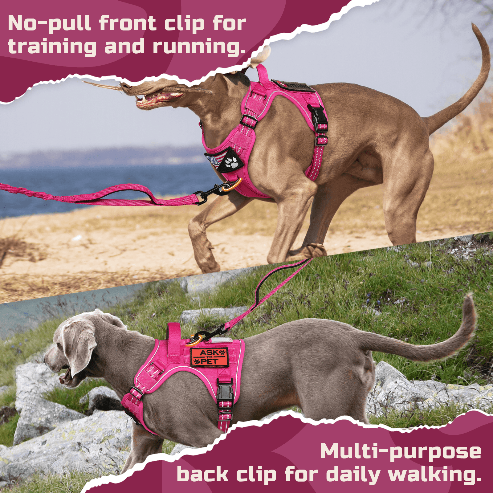 Colorful Escape Proof Tactical Dog Vest Harness - Rose Red 